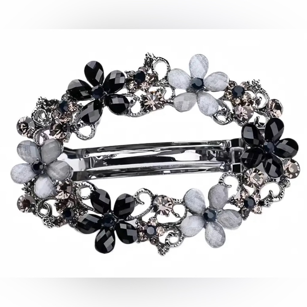 HAIR Barrette Elegant Vintage Rhinestone Flower Open Barrette Black and Gray